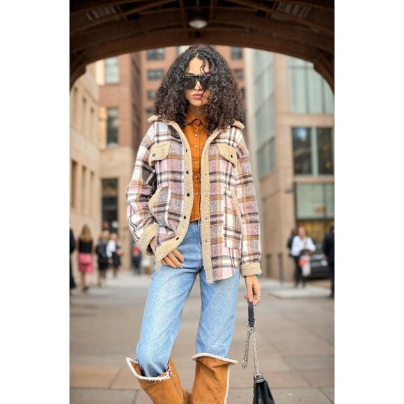 Womens Flannel Jacket Fleece Lined Shacket Fall Outfits Plaid Sherpa Button Down - Picture 7 of 8